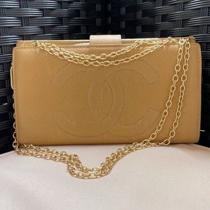Chanel caviar tan lamb leather wallet on gold chain